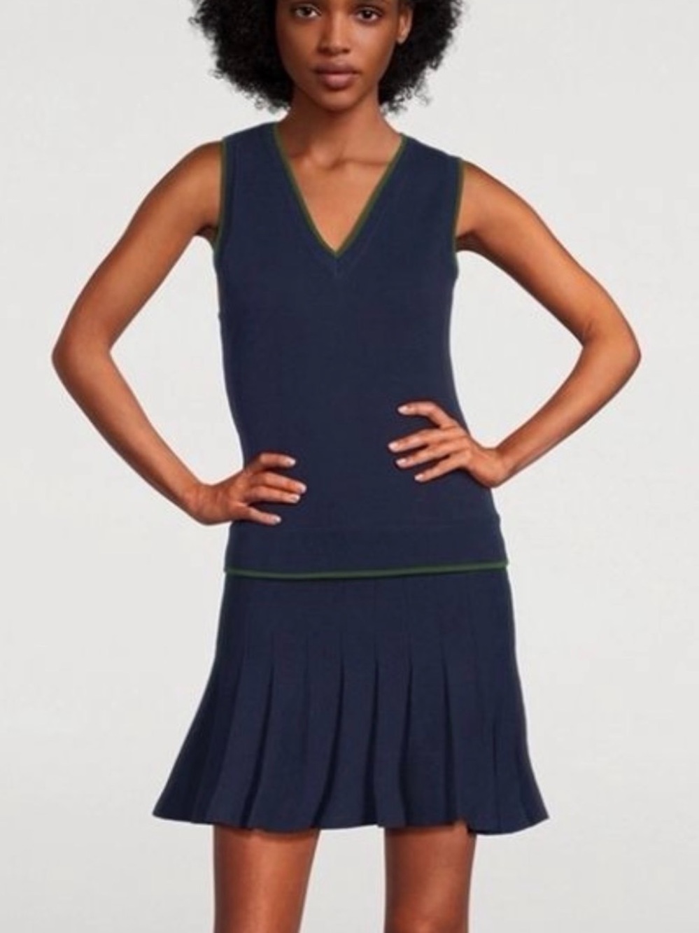 Reformation Navy Dress with Green Trim